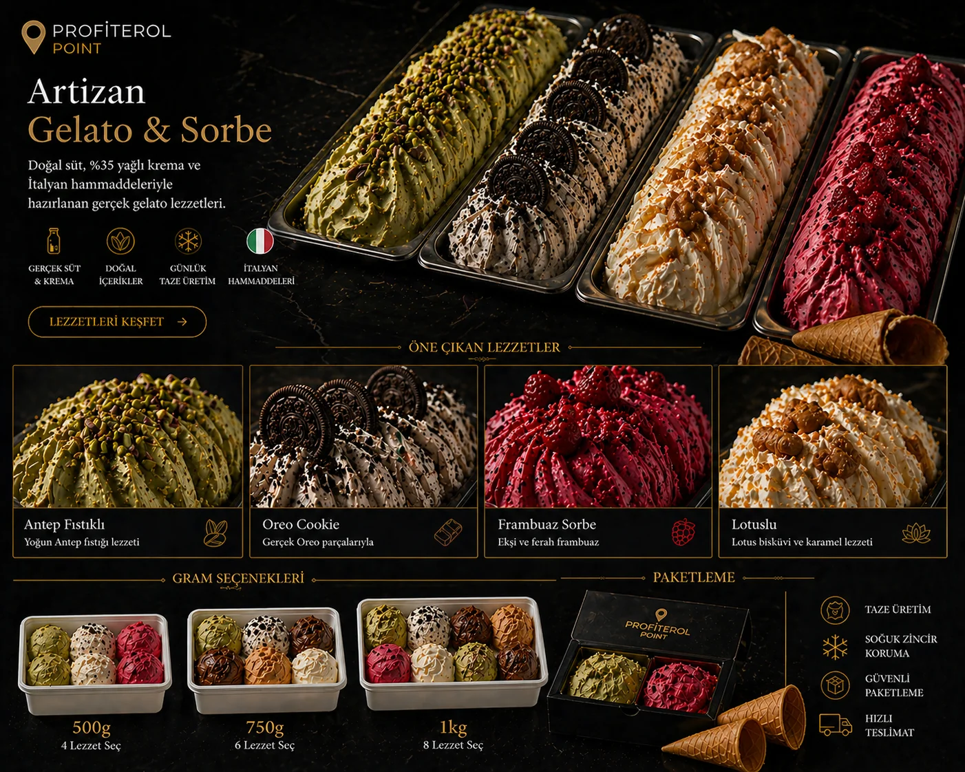 Profiterol Point artizan gelato ve sorbe lezzetleri